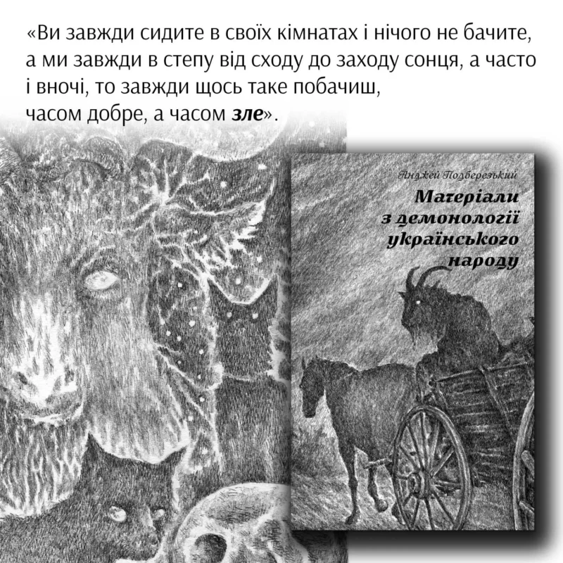 Обкладинка книги Матеріали з демонології українського народу на фоні ілюстрацій демонічних істот українського фольклору